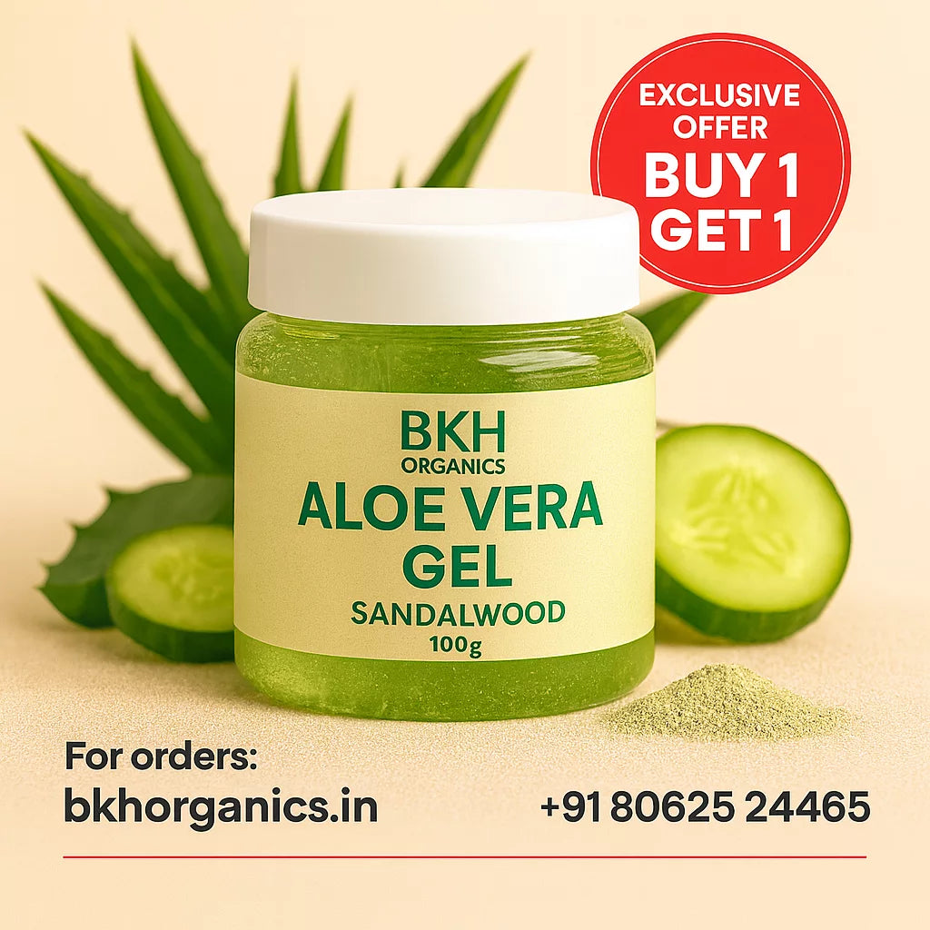 BKH Organics Aloe Vera Gel jar with aloe vera leaves and cucumbers on a beige background