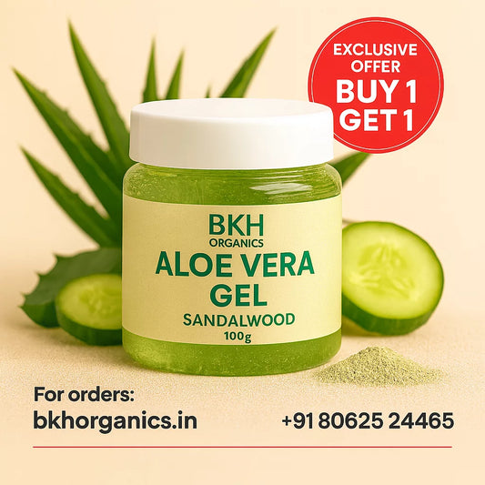 BKH Organics Aloe Vera Gel jar with aloe vera leaves and cucumbers on a beige background