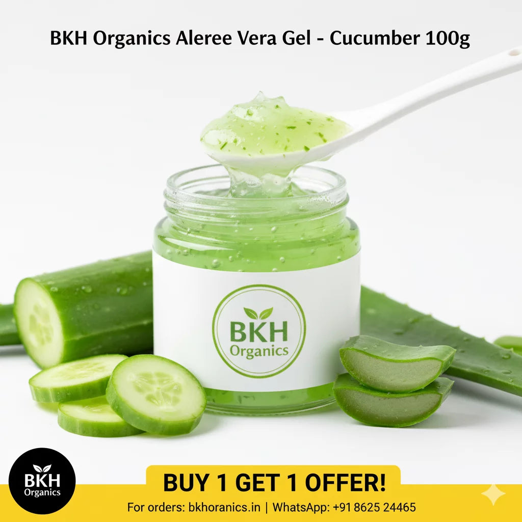 BKH Organics Aleree Vera Gel jar with cucumber slices and a spoonful of gel on a white background