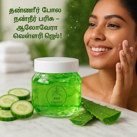 Woman applying green facial gel with BKH Organics jar, cucumbers, and aloe vera on a marble surface. Aloe vera Gel - Cucumber 1+1 - BKH Organics