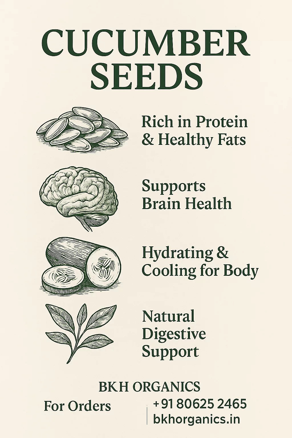 Advertisement for cucumber seeds with health benefits and contact information on a beige background. BKH Organics
