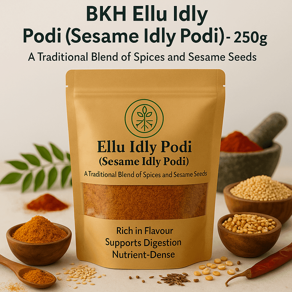 Packaging of BKH Ellu Idly Podi with ingredients and text on a light background