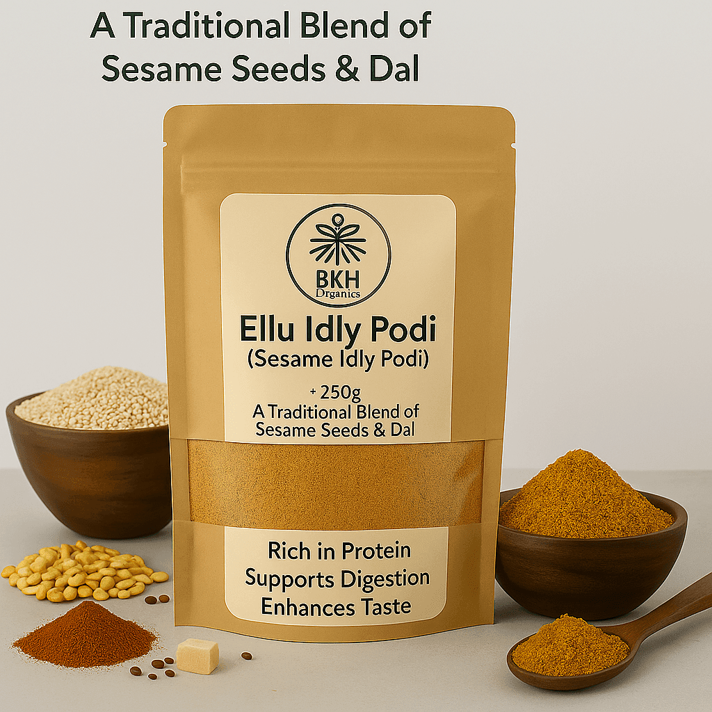 BKH Ellu Idly Podi packaging with sesame seeds, dal, and spices on a light background