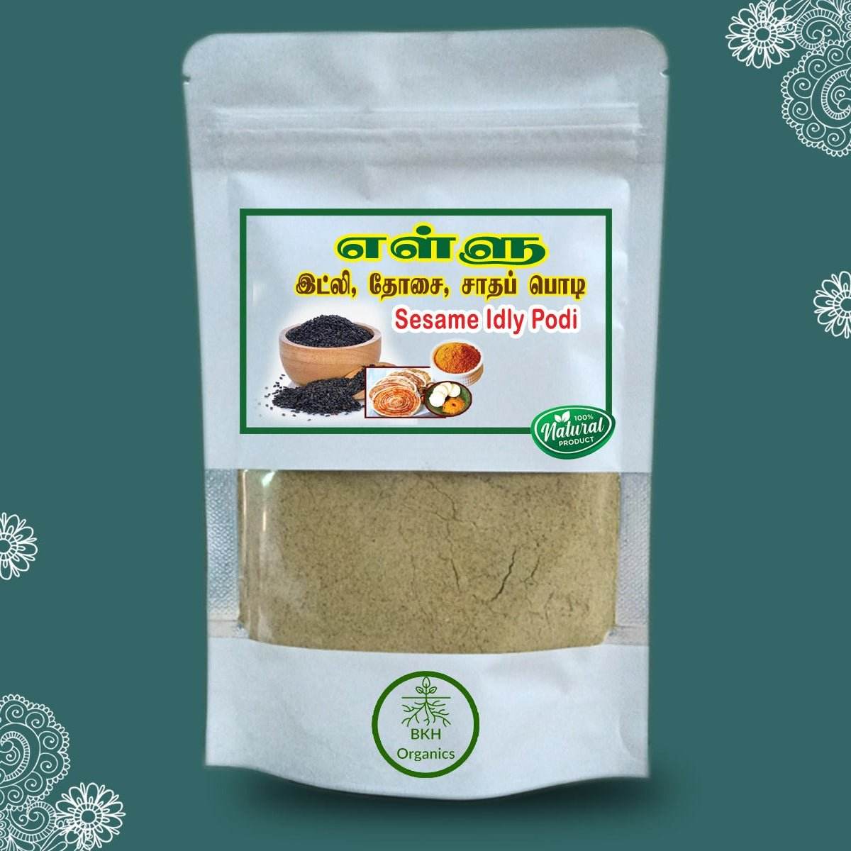Packaging of Sesame Idly Podi with a green background