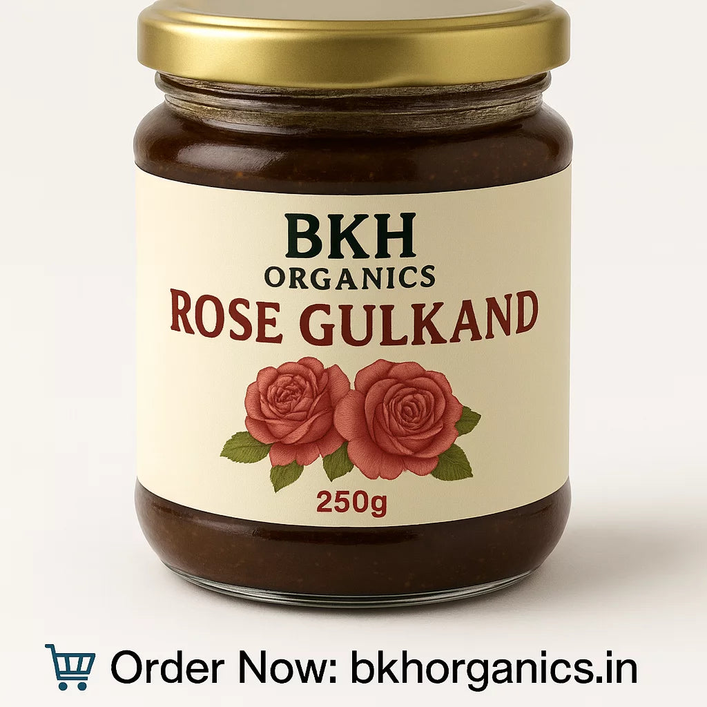 Jar of BKH Organics Rose Gulkand with a gold lid on a white background
