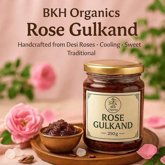 BKH Organics Rose Gulkand jar with a small bowl of gulkand and pink flowers on a wooden tray. Rose Gulkandh 250g - BKH Organics