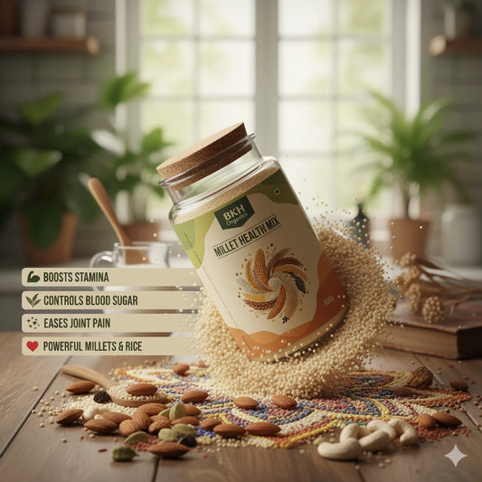 Jar of Millet Health Mix on a wooden table with ingredients and a blurred kitchen background