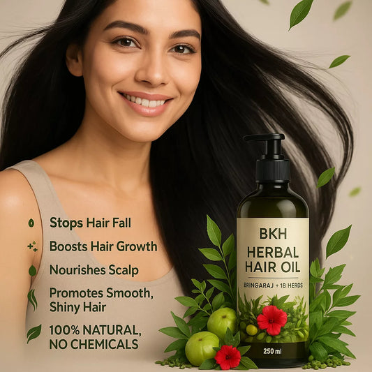 Woman with long hair next to a bottle of BKH Herbal Hair Oil with natural elements around it.