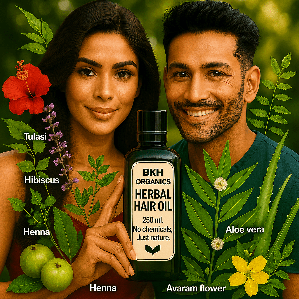 Two people holding a bottle of BKH Organics Herbal Hair Oil with herbs and flowers around them.