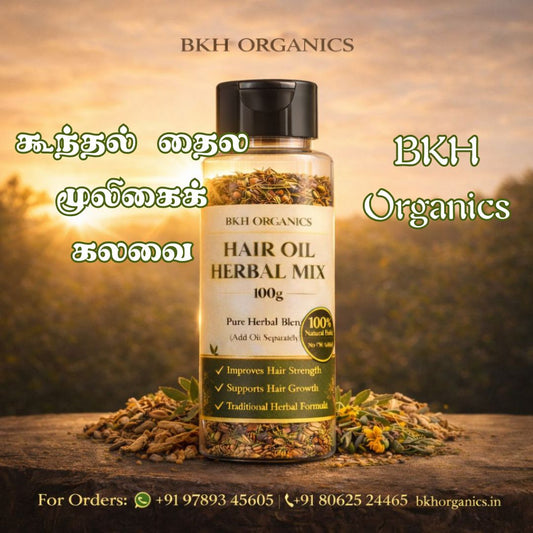 BKH Organics Hair Oil Herbal Mix bottle with dried herbs on a wooden surface and natural background