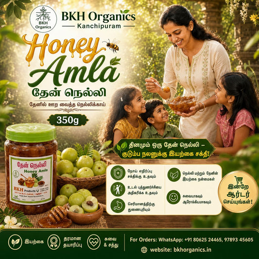 BKH Organics Honey Amla product with a woman and children outdoors.
