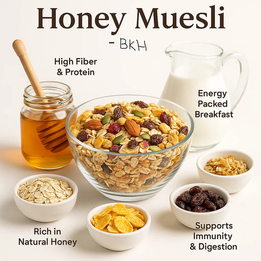 BKH Organics Honey Muesli with ingredients and benefits on a white background