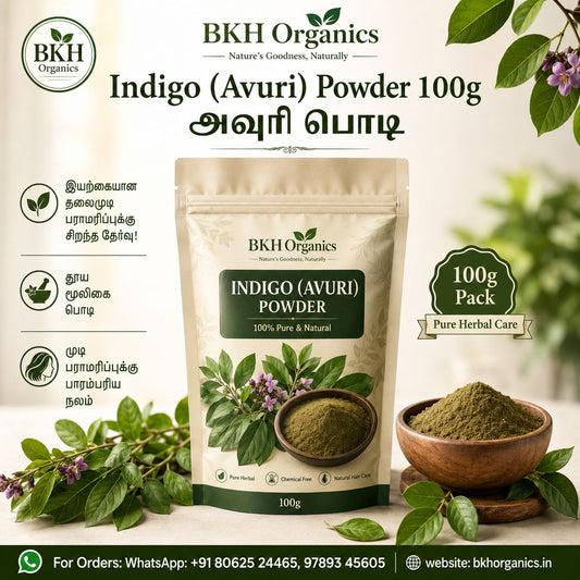 BKH Organics Indigo (Avuri) Powder packaging with green leaves and powder in a bowl on a light background.