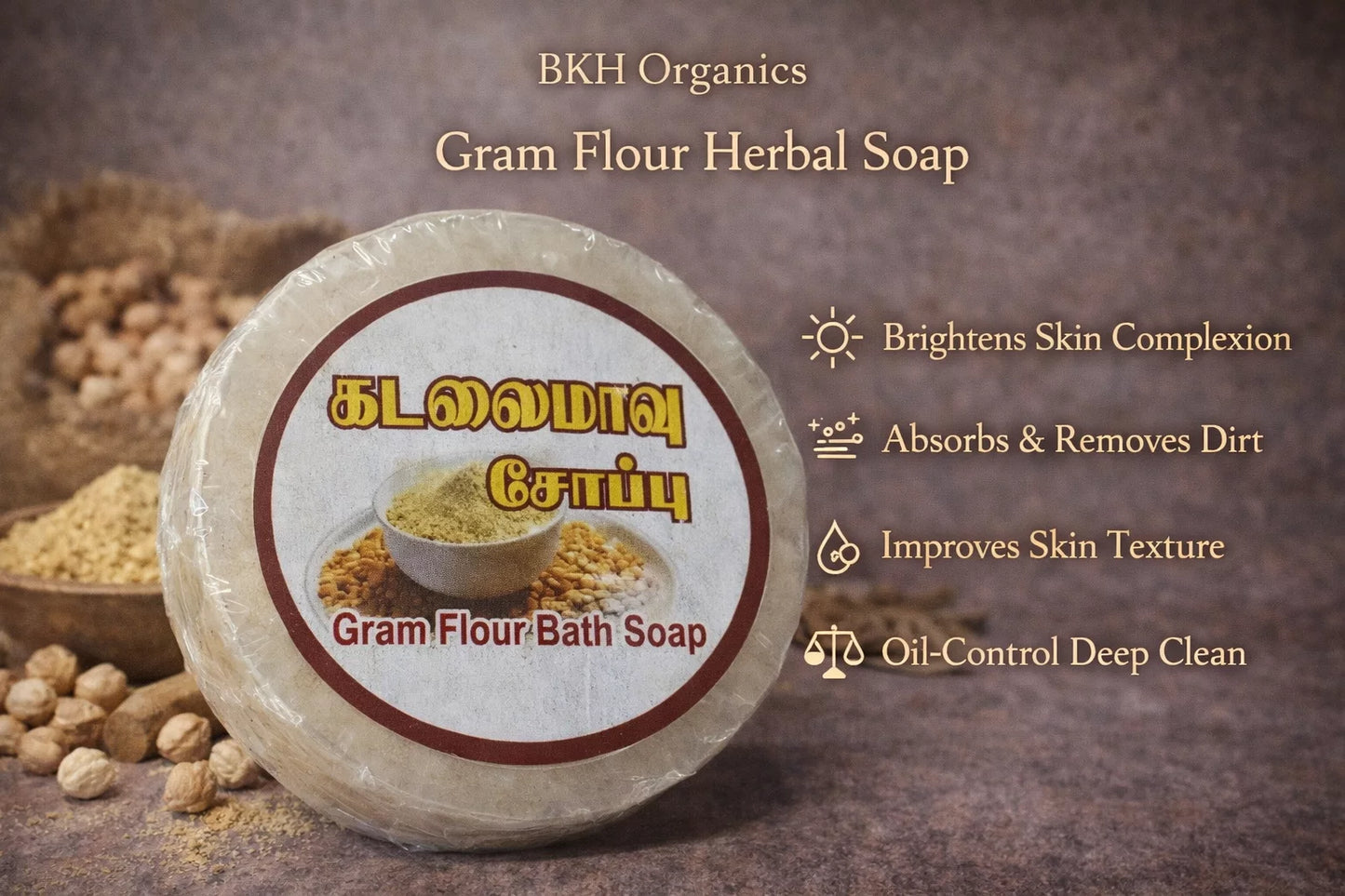 BKH Organics Gram Flour Herbal Soap with ingredients and benefits on a brown background