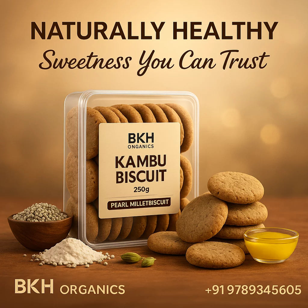 BKH Organics Kambu Biscuit packaging with biscuits and ingredients on a wooden surface.