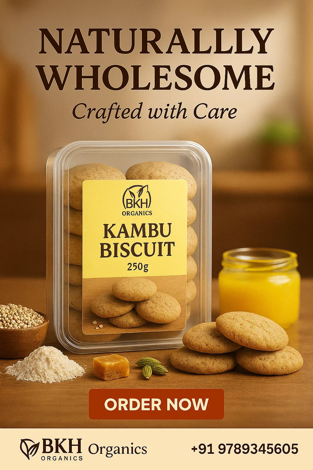 Kambu biscuit packaging with ingredients and a call to order on a wooden surface.