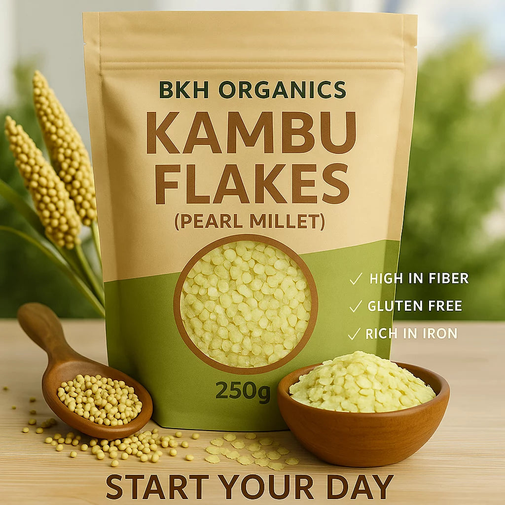 BKH Organics Kambu Flakes package with pearl millet on a wooden surface
