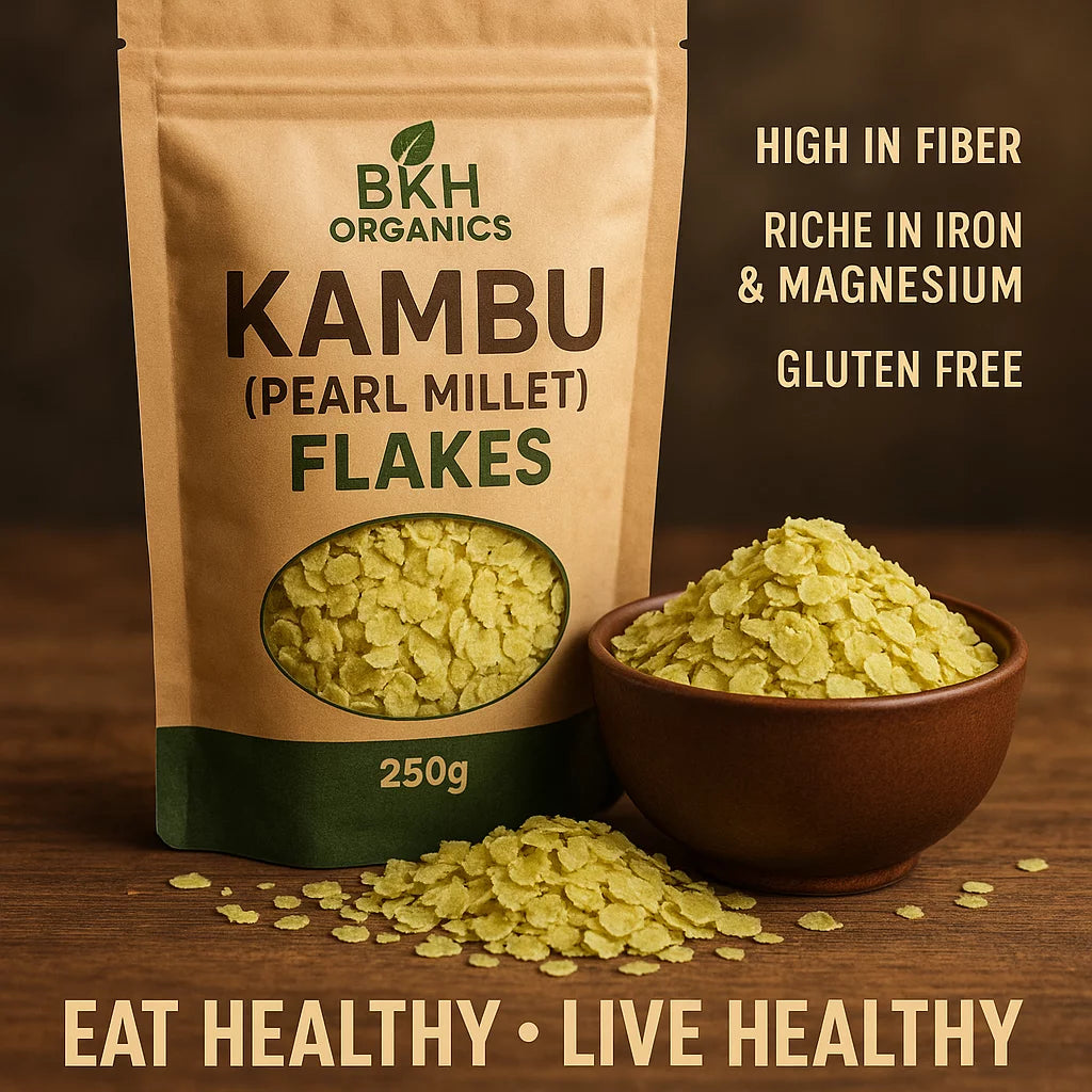 BKH Organics Kambu Pearl Millet Flakes packaging with a bowl of flakes on a wooden surface.