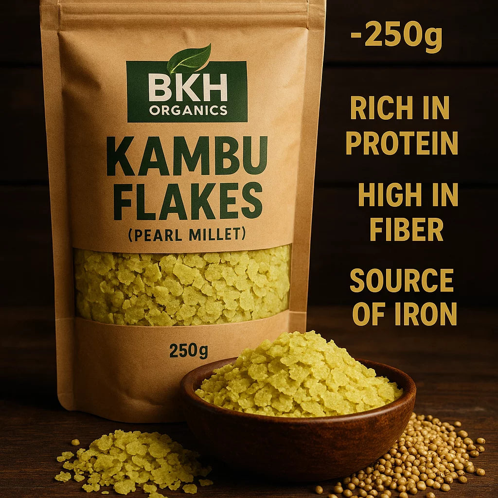 BKH Organics Kambu Flakes packaging with a bowl of flakes on a dark background