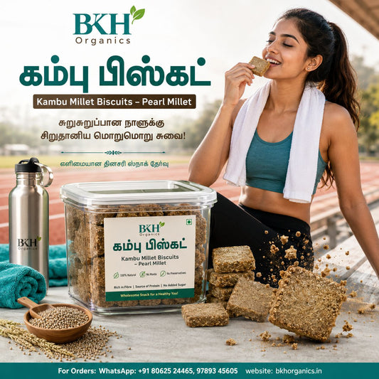BKH Organics Kumbi Millet Biscuits. A woman in athletic wear sits beside a clear plastic tub of biscuit packets, with loose biscuit pieces and a metal water bottle on a track field background. கம்பு பிஸ்கட்டு | Pearl Millet Biscuits by BKH Organics