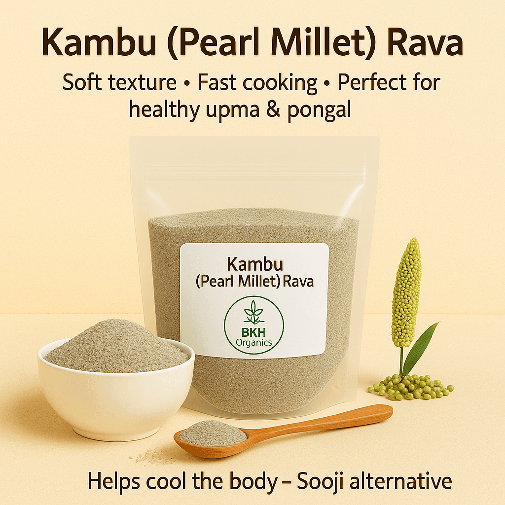 Kambu (Pearl Millet) Rava package with a bowl of rava and pearl millet grains on a beige background bkh organics