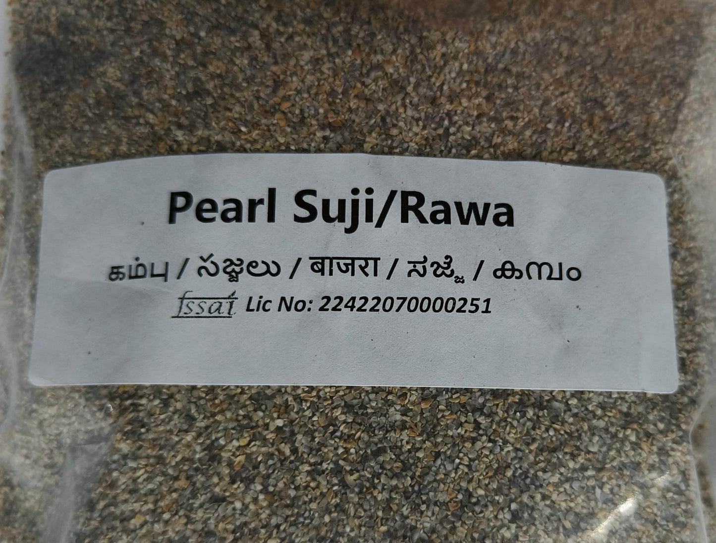 Label for Pearl Suji/Rawa on a textured surface - BKH Organics