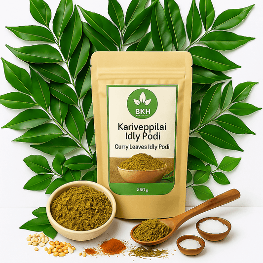 BKH Kariveppillai Idly Podi packaging with curry leaves and spices on a white background