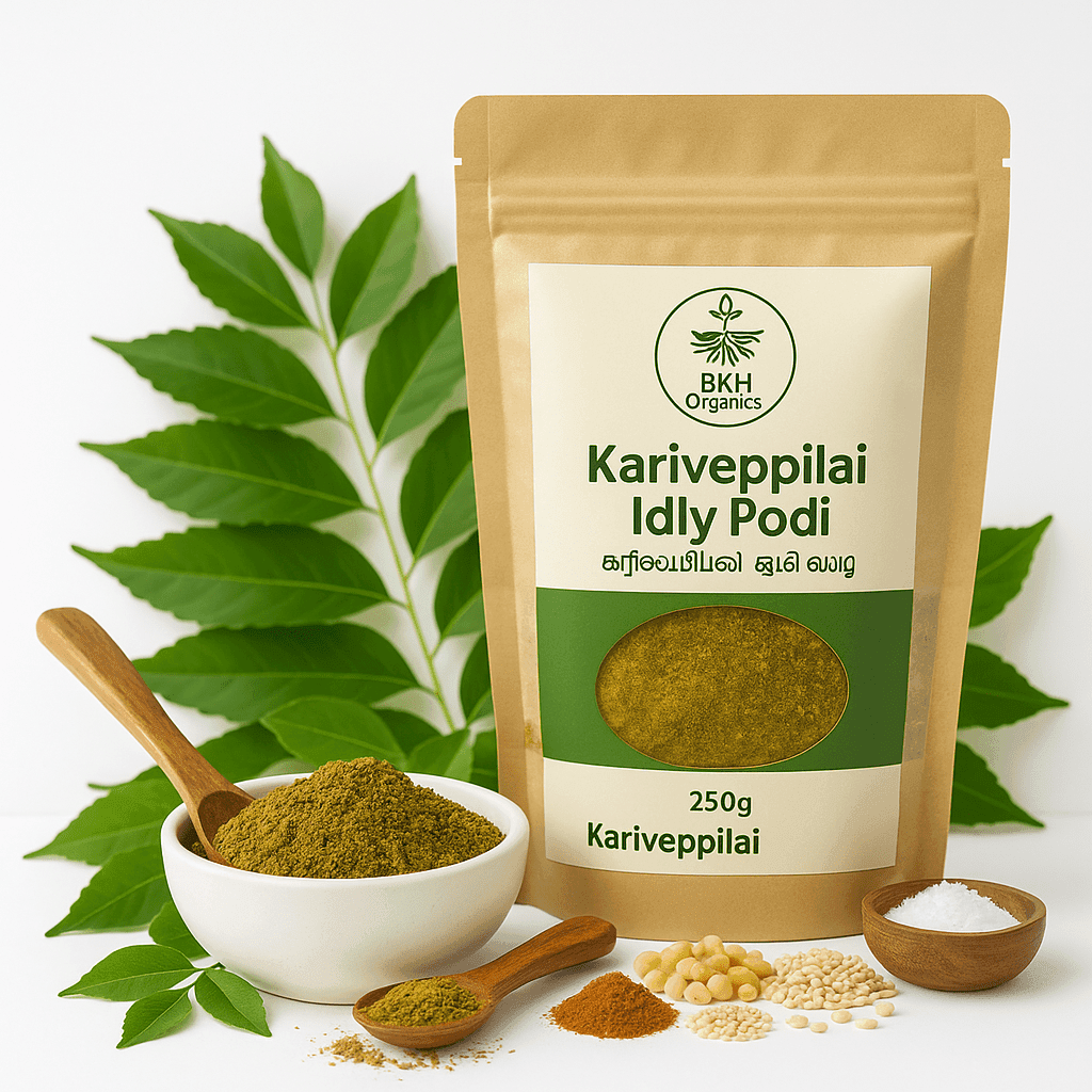 BKH Organics Kariveppilai Idly Podi packaging with ingredients on a white background