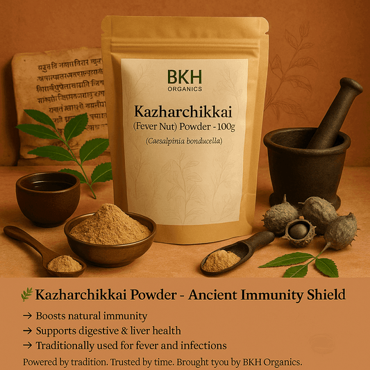 BKH Organics Kazharchikkai powder packaging with ingredients on a brown background.