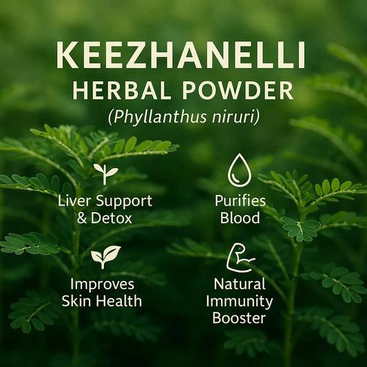 Advertisement for KEEZHANELLI Herbal Powder with green leaves in the background, Phyllanthus niruri