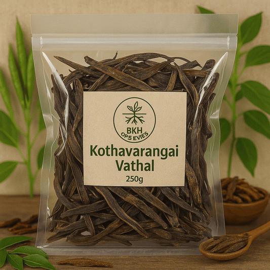 Packaged dry herbs with a label on a wooden surface with green leaves in the background, Kothavarangai Vathal 250g - BKH Organics
