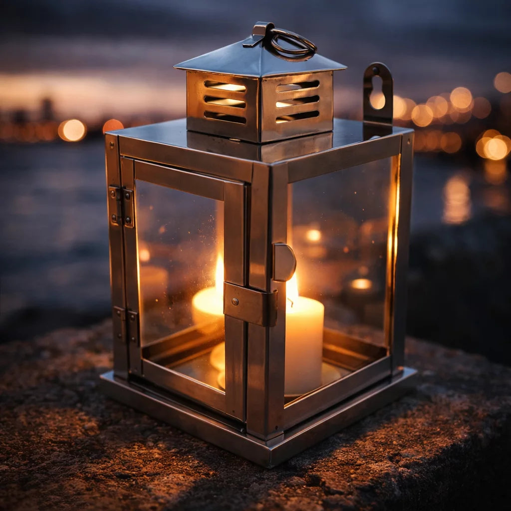 Decorative lantern with a candle inside, set against a blurred background of lights. BKH