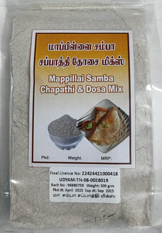 Mappillai Samba Chapathi & Dosa Mix packaging with text and images on a clear background Mappillai Samba Chapathi Mix 500g - BKH Organics