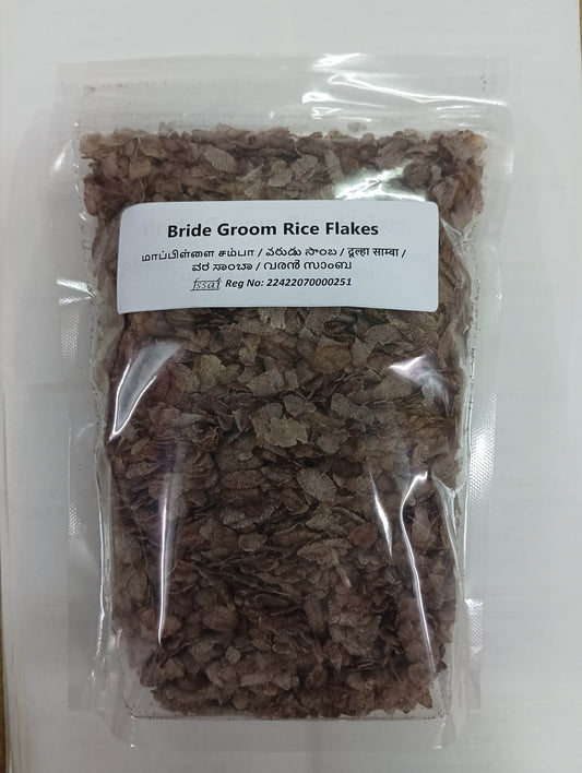 Packaged rice flakes labeled 'Bride Groom Rice Flakes' on a white Mappillai Samba Flakes - BKH Organicsbackground