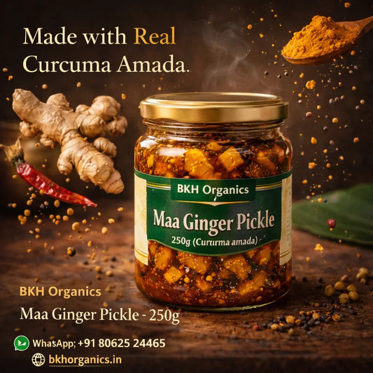 BKH Organics Maa Ginger Pickle jar with ingredients on a wooden background