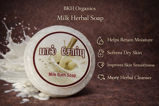 BKH Organics Milk Herbal Soap with branding and benefits on a brown background