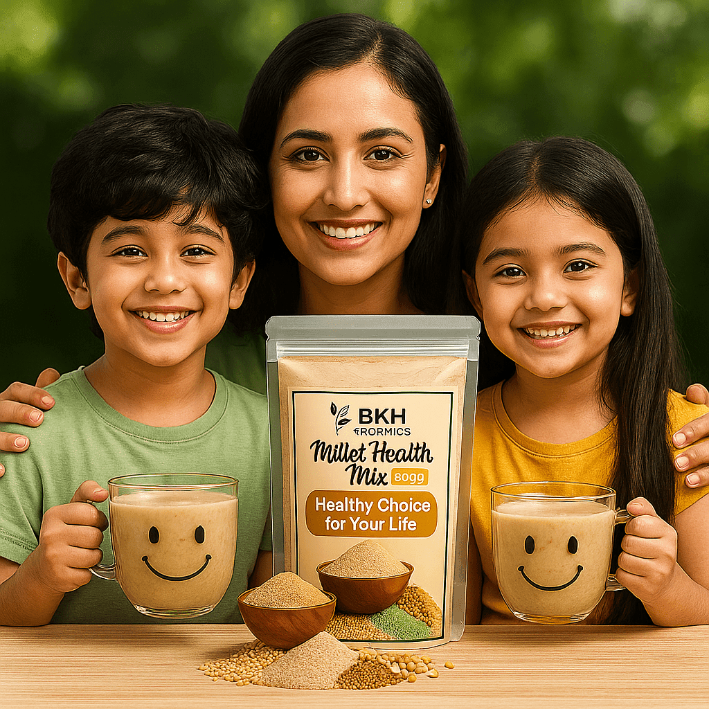 Woman and two children with BKH Probiotics Millet Health Mix and smiley face mugs. Millet Health Mix 500g - BKH Organics