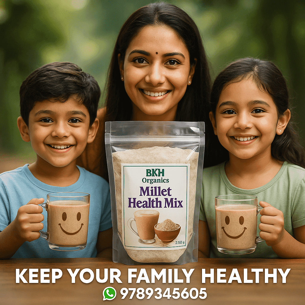 Woman and two children with BKH Organics Millet Health Mix and mugs. Millet Health Mix 500g - BKH Organics