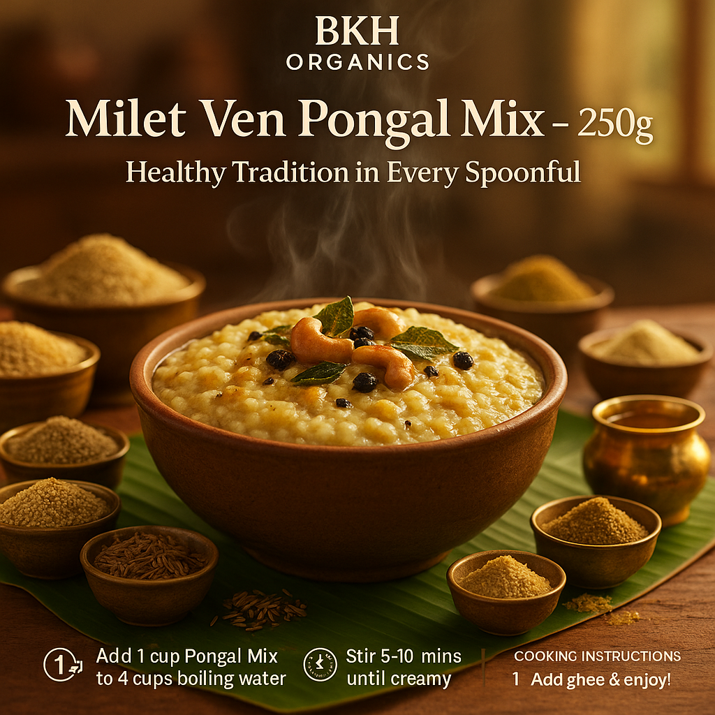 Bowl of Milet Ven Pongal Mix with ingredients and BKH Organics branding.