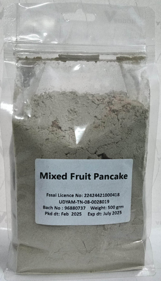 Bag of mixed fruit pancake mix with a label on a white background, Mixed Fruit Pancake Mix 500g - BKH Organics