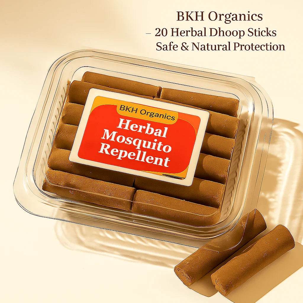 BKH Organics Herbal Mosquito Repellent sticks in a clear container on a beige background