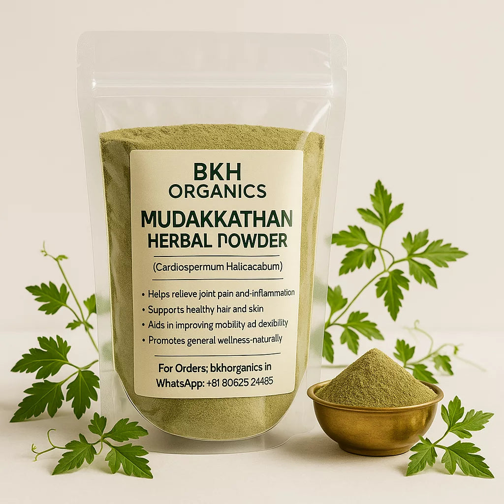 BKH Organics Mudakkathan Herbal Powder packaging with herbs on a beige background