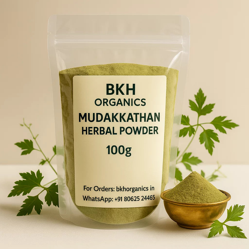 BKH Organics Mudakkathan Herbal Powder packaging with a small bowl of powder and green leaves on a beige background