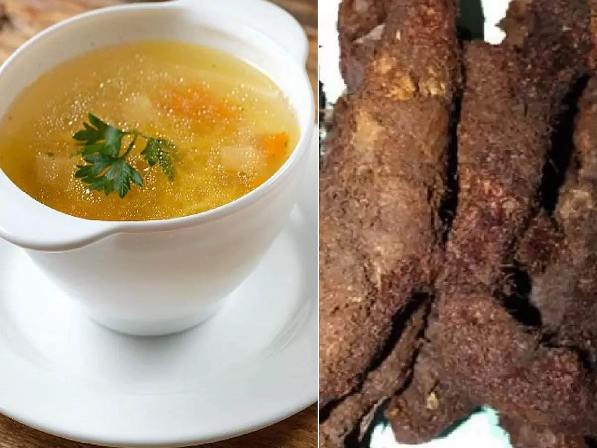 Split image with a bowl of soup on the left and fried food items on the right. BKH Organics - Close-up of Oakleaf Basket Fern Root, - Mudavatukal Kizhangu