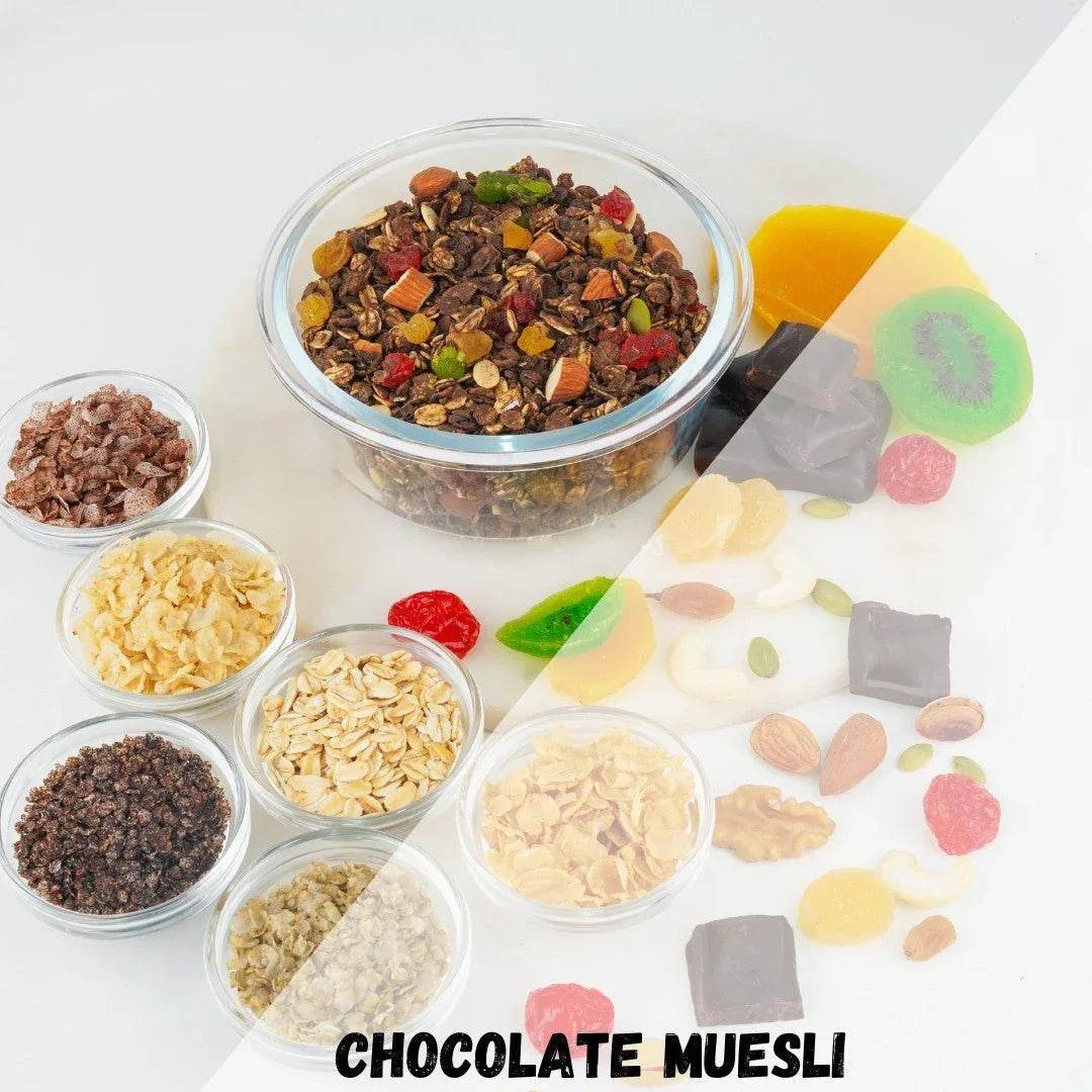 Chocolate muesli in a bowl with smaller containers of ingredients on a white background. Chocolate Muesli 250g - BKH Organics