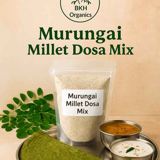 BKH Organics Murungai Millet Dosa Mix packaging with a bowl of soup and green leaves on a beige background. Murungai Millet Dosa Mix 500g - BKH Organics