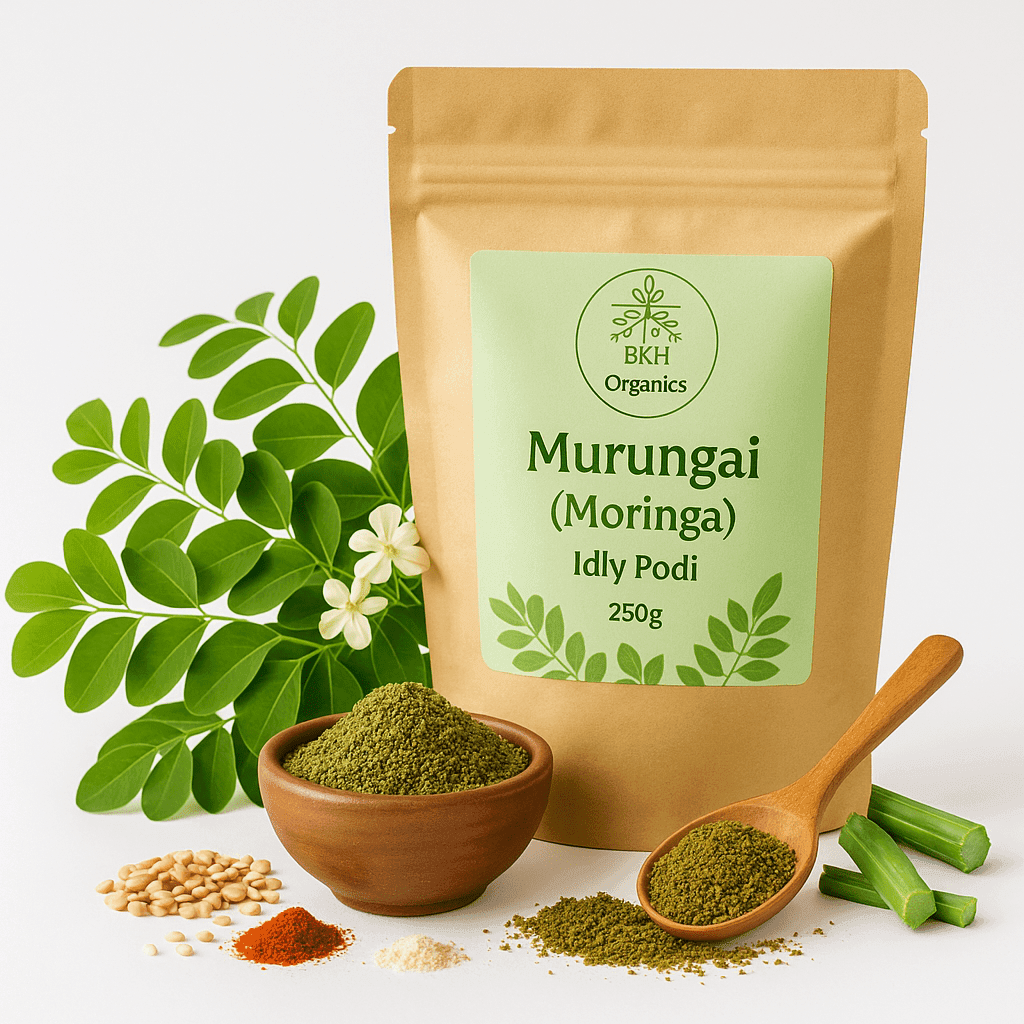 BKH Organics Moringa Idly Podi package with ingredients on a white background. Murungai idly & Dosa Podi 250g - BKH Organics