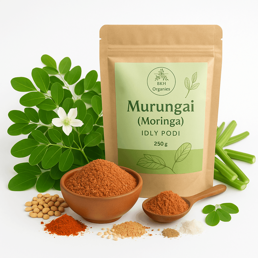 BKH Organics Murungai (Moringa) IDLY PODI packaging with ingredients on a white background. Murungai idly & Dosa Podi 250g - BKH Organics