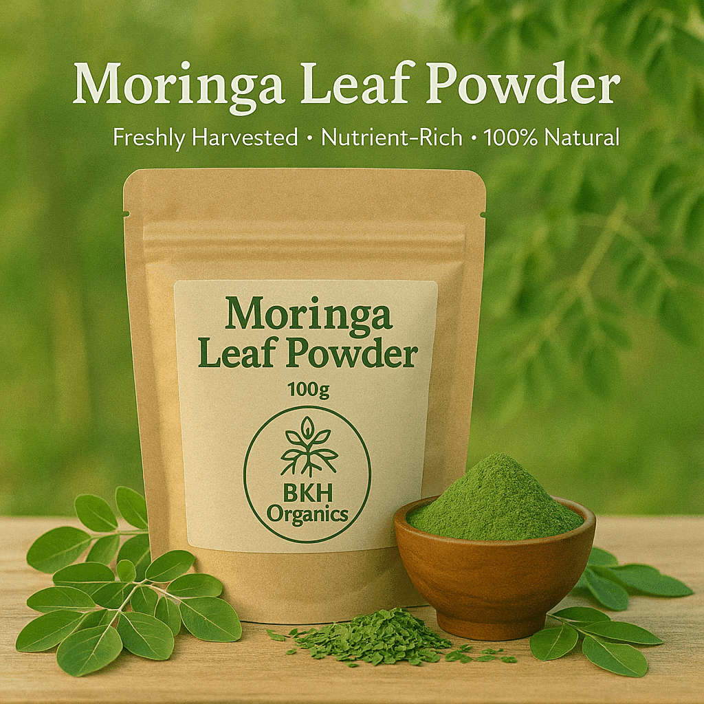 Moringa Leaf Powder package with a bowl of powder and leaves on a wooden surface. Murungai Leaf Powder 100g - BKH Organics