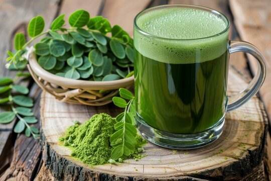 Glass of green juice with moringa leaves and powder on a wooden surface. Murungai Leaf Powder 100g - BKH Organics